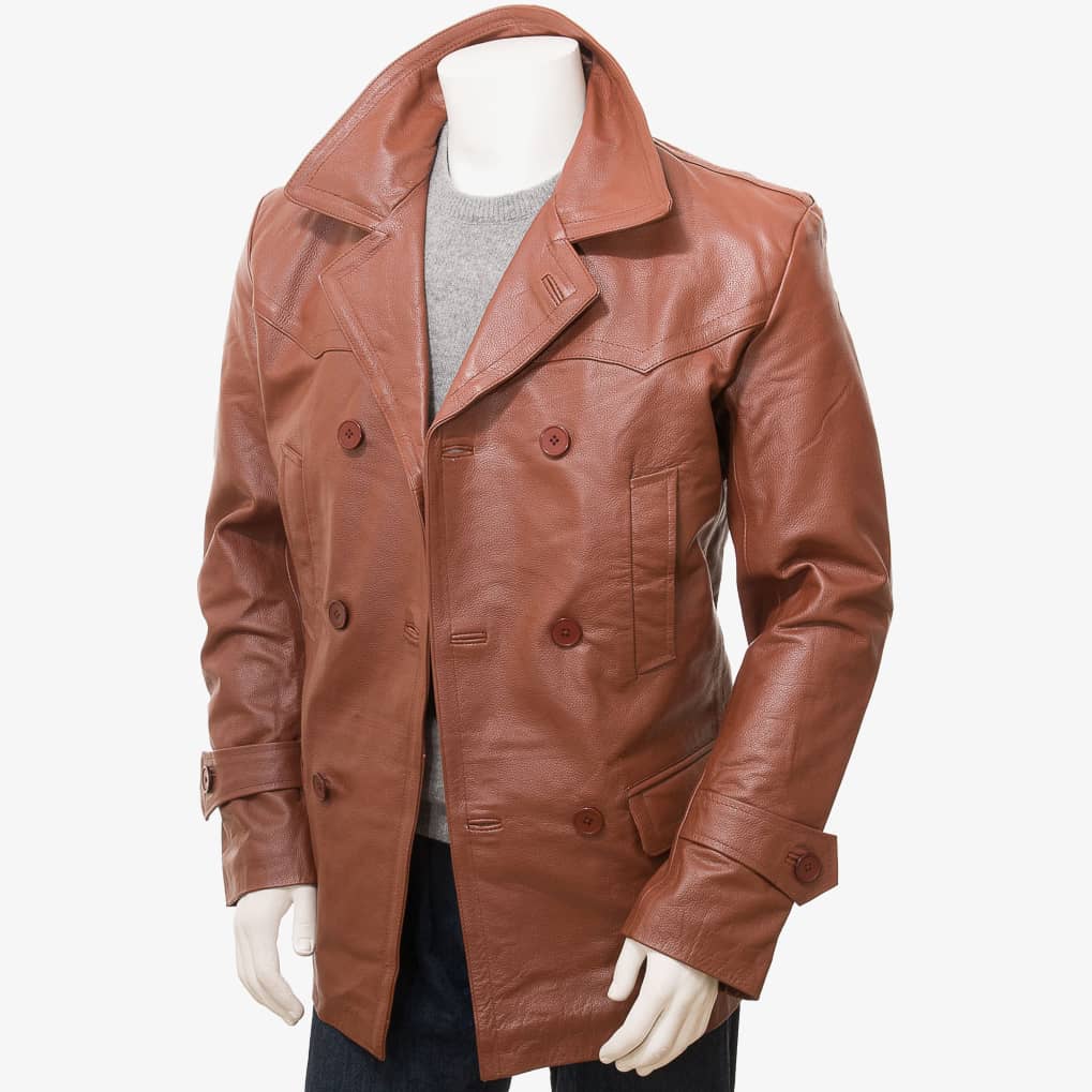 Mens Leather Pea Coat Leather Designer 0578